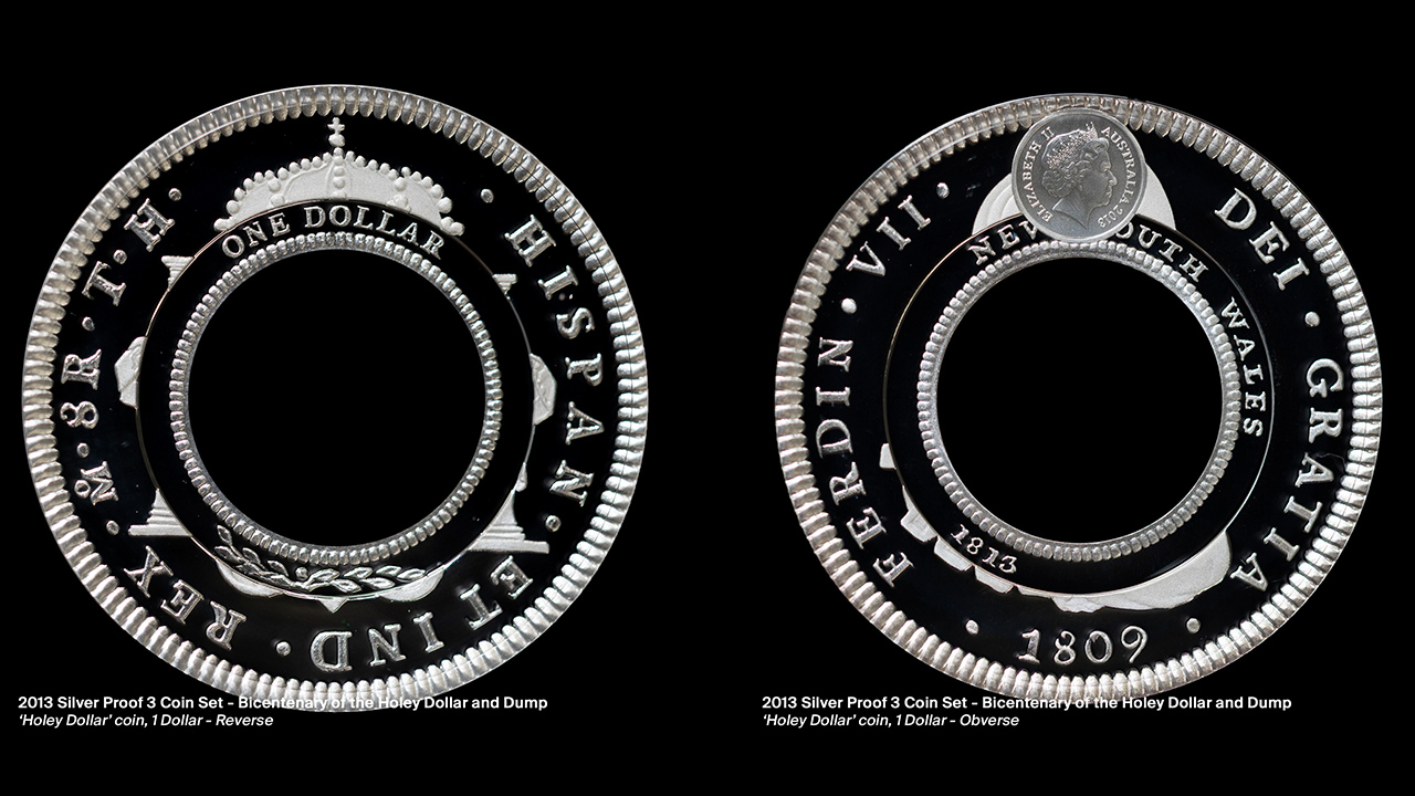 2013 Silver three coin set Holey Dollar coin.