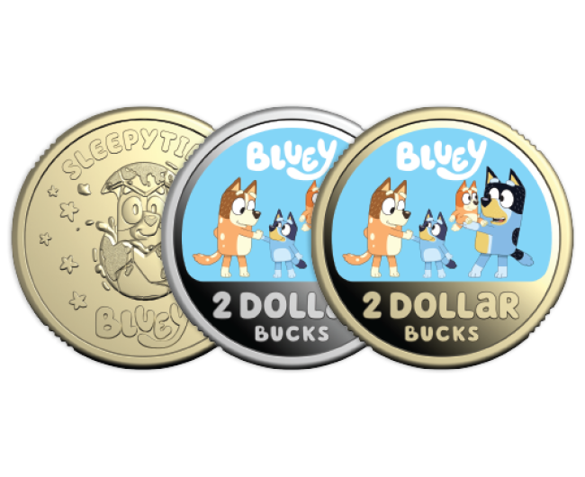 Three new Bluey coins - $2 Coloured Proof with Heeler Family, $2 Coloured Silver Proof Coin with Heeler Family and $2 Sleepytime Uncirculated Coin