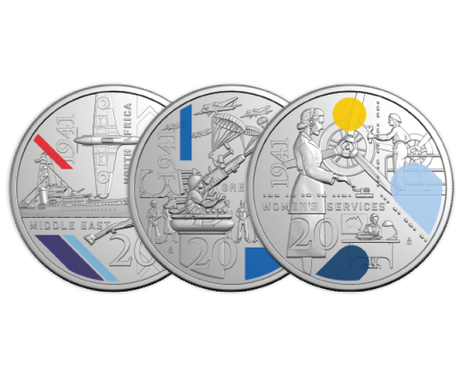 1941 World War II three coin set against a white background.