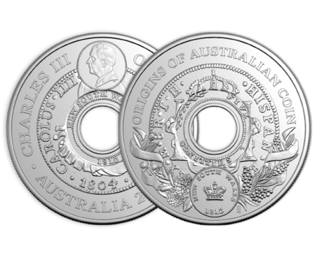2026 $1 'Holey Dollar' Origins of Australian Coin front and back.