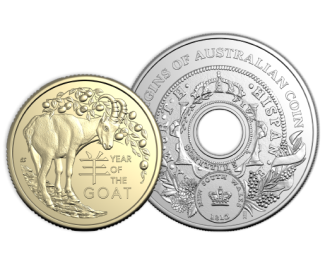 $100 Lunar Year of the Goat Uncirculated Coin and $1 Uncirculated Origins of Australian Coin Holey Dollar.
