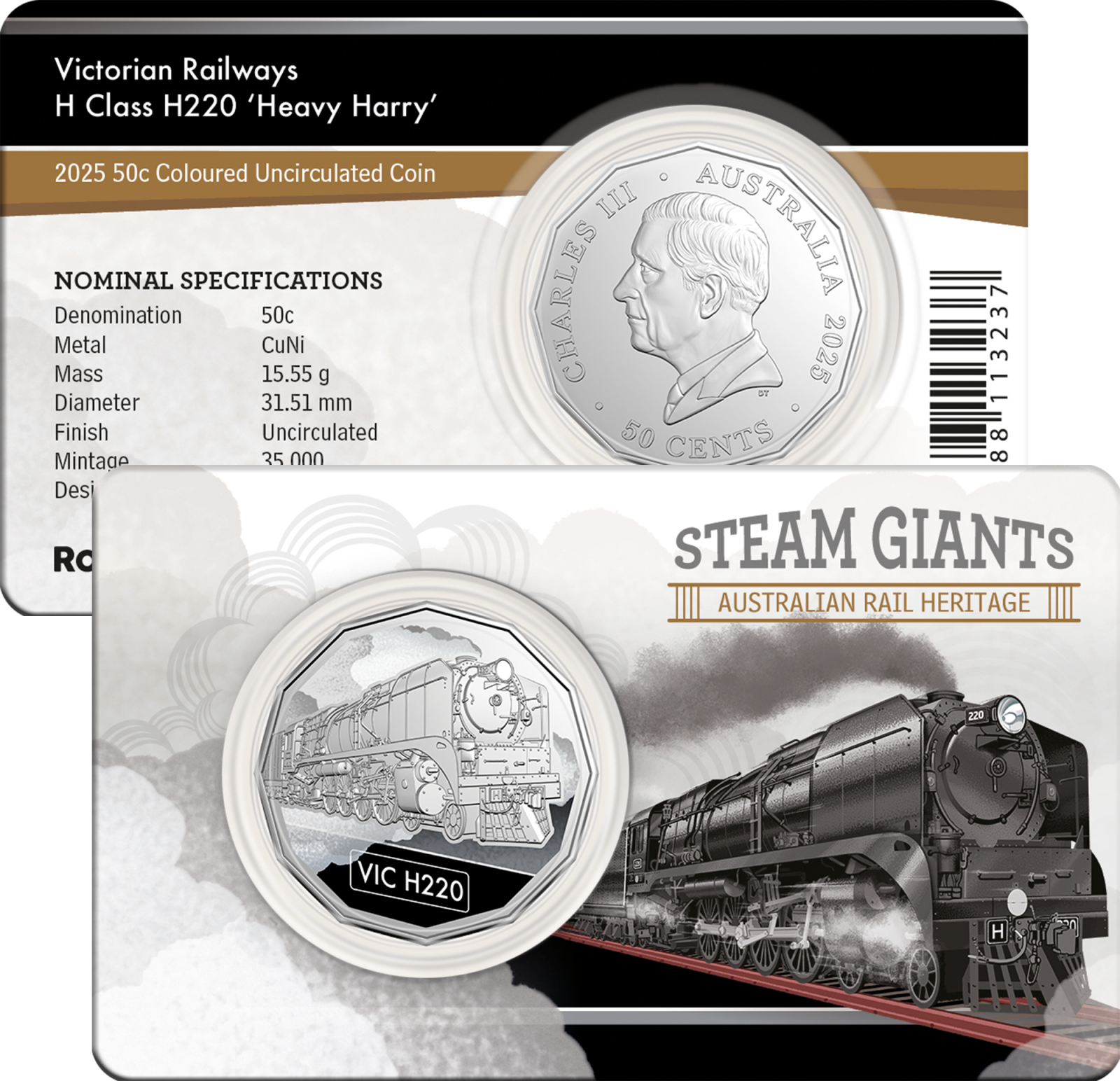 2025 50c Coloured Uncirculated Coin in Card - Victorian Railways H Class H220 ‘Heavy Harry’