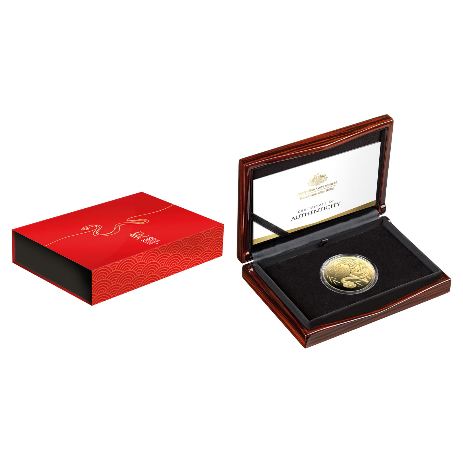 proof gold coin five ounce five hundred dollars 2025 lunar year snake coin packaging