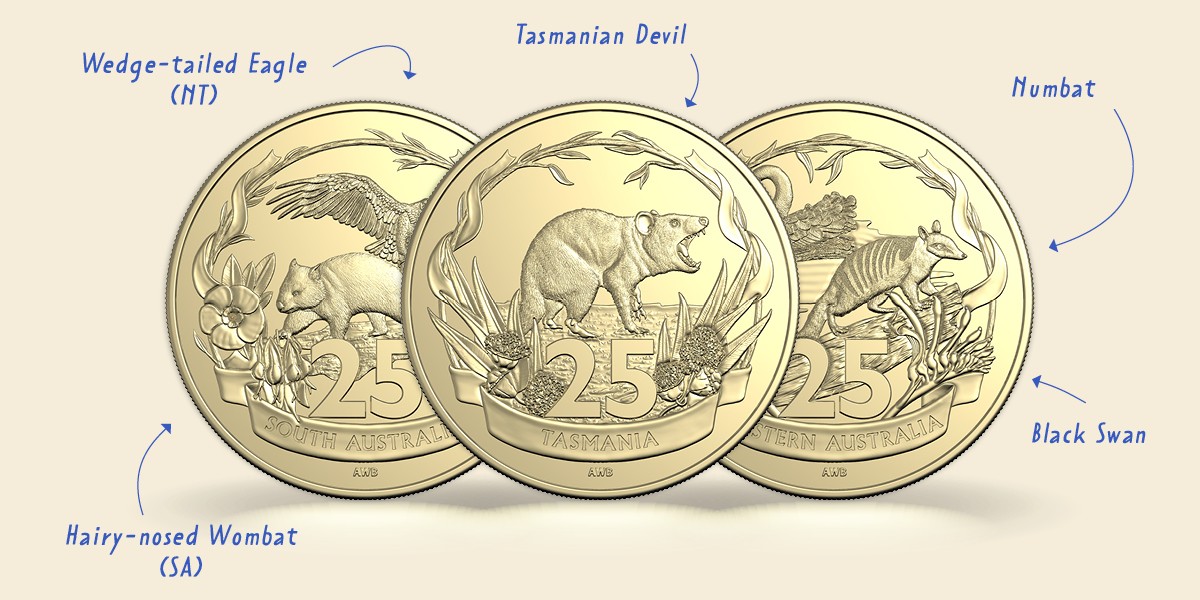 125 Years of Federation 25c coins: SA, TAS, WA
