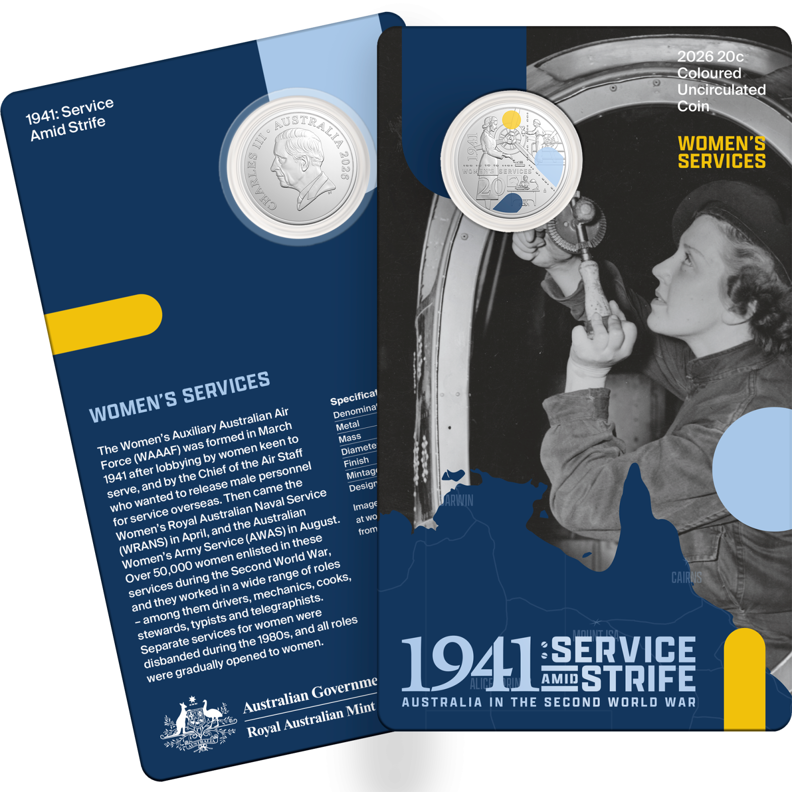 20c Women's Services coloured coin in card packaging, showing front and back of card and coin