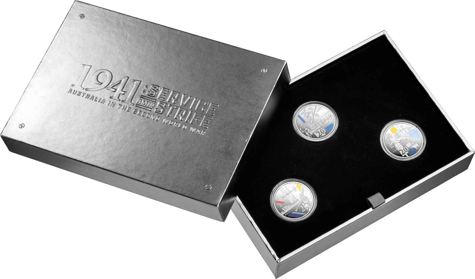 Silver box opened with three 1941 Service Amid Strife silver proof coins displayed inside