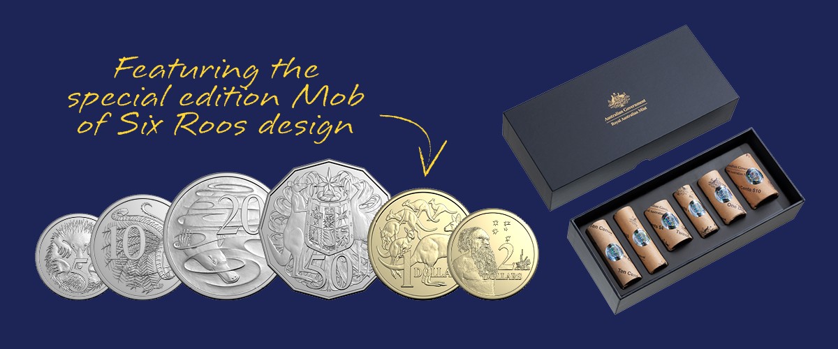 2026 coin roll set in packaging against a navy background, with text 'featuring the special edition Mob of Six Roos design' and an arrow pointing to the $1.