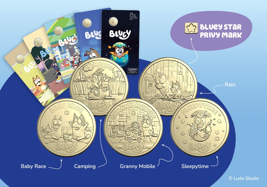 Five Bluey $2 Privy Mark episode coins with their card packing in the background, highlighting the star privy mark with the text: "Bluey star privy mark".