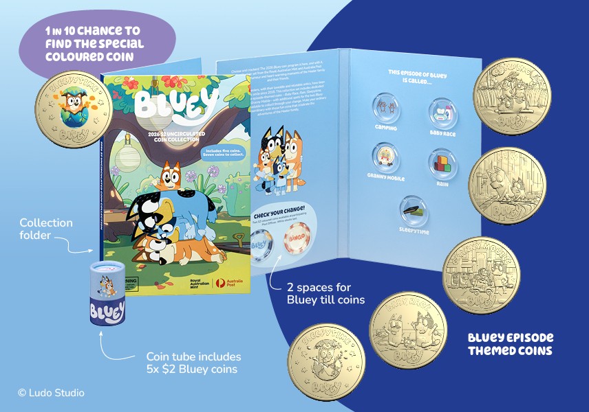 $2 Bluey collection folder and 5 episode coins, with a preview of the coloured Sleepytime coin accompanied by the text: "1 in 10 chance to find the special coloured coin".