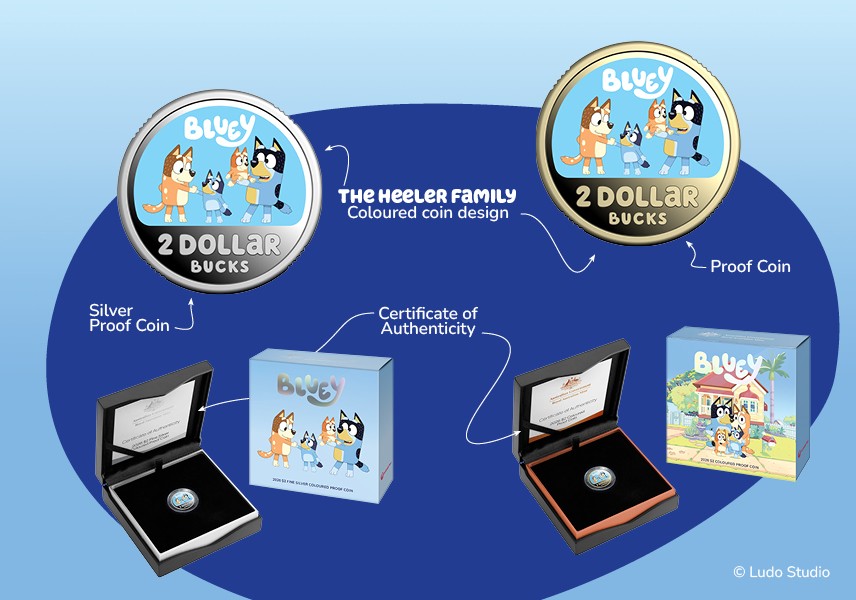 Bluey proof coins with packaging and text: 'the Heeler family coloured proof coins with certificates of authenticity'.