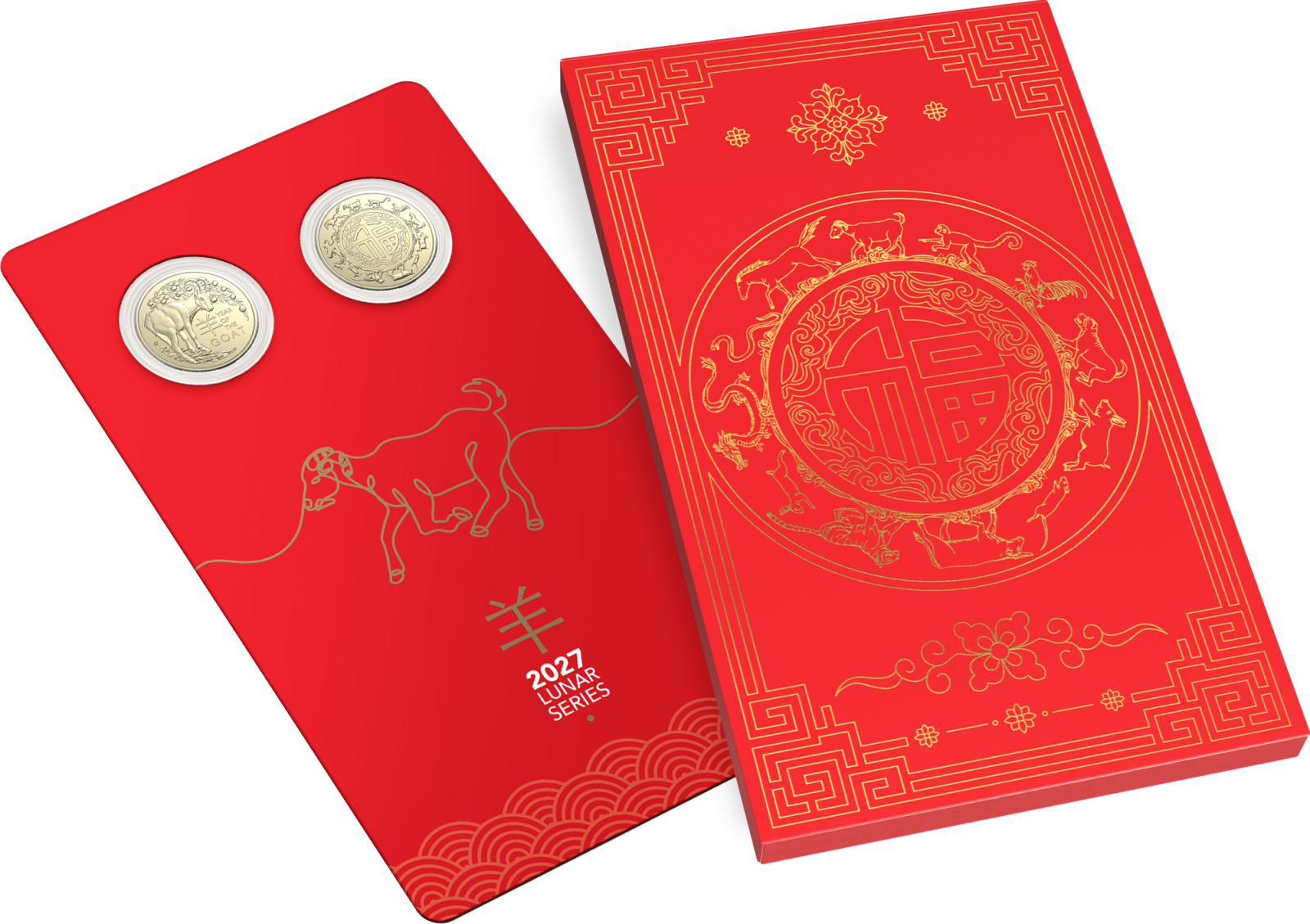 2027 $1 Two Coin Set Year of the Goat in packaging.