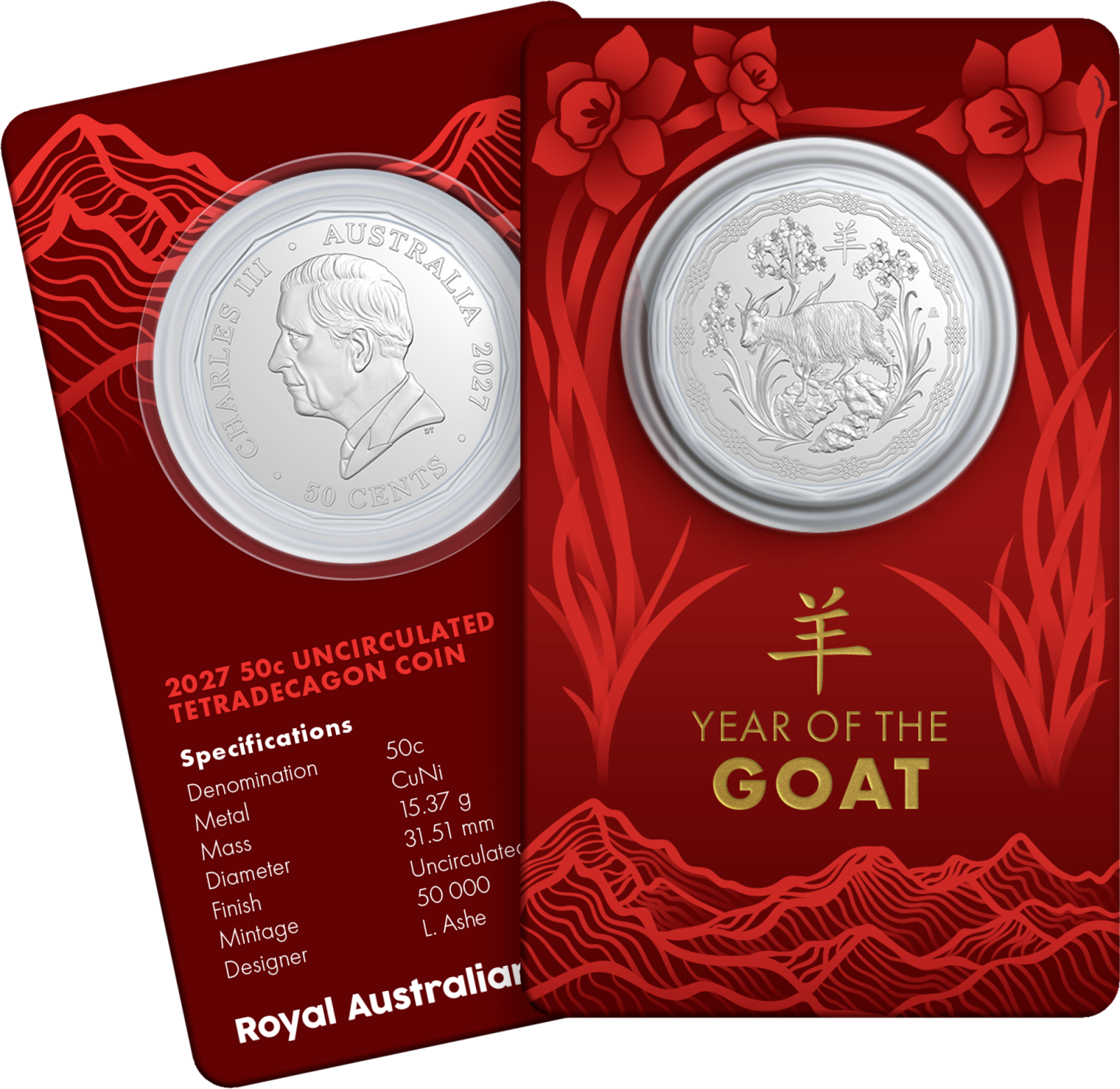 2027 50c Year of the Goat Tetradecagon coin in card.