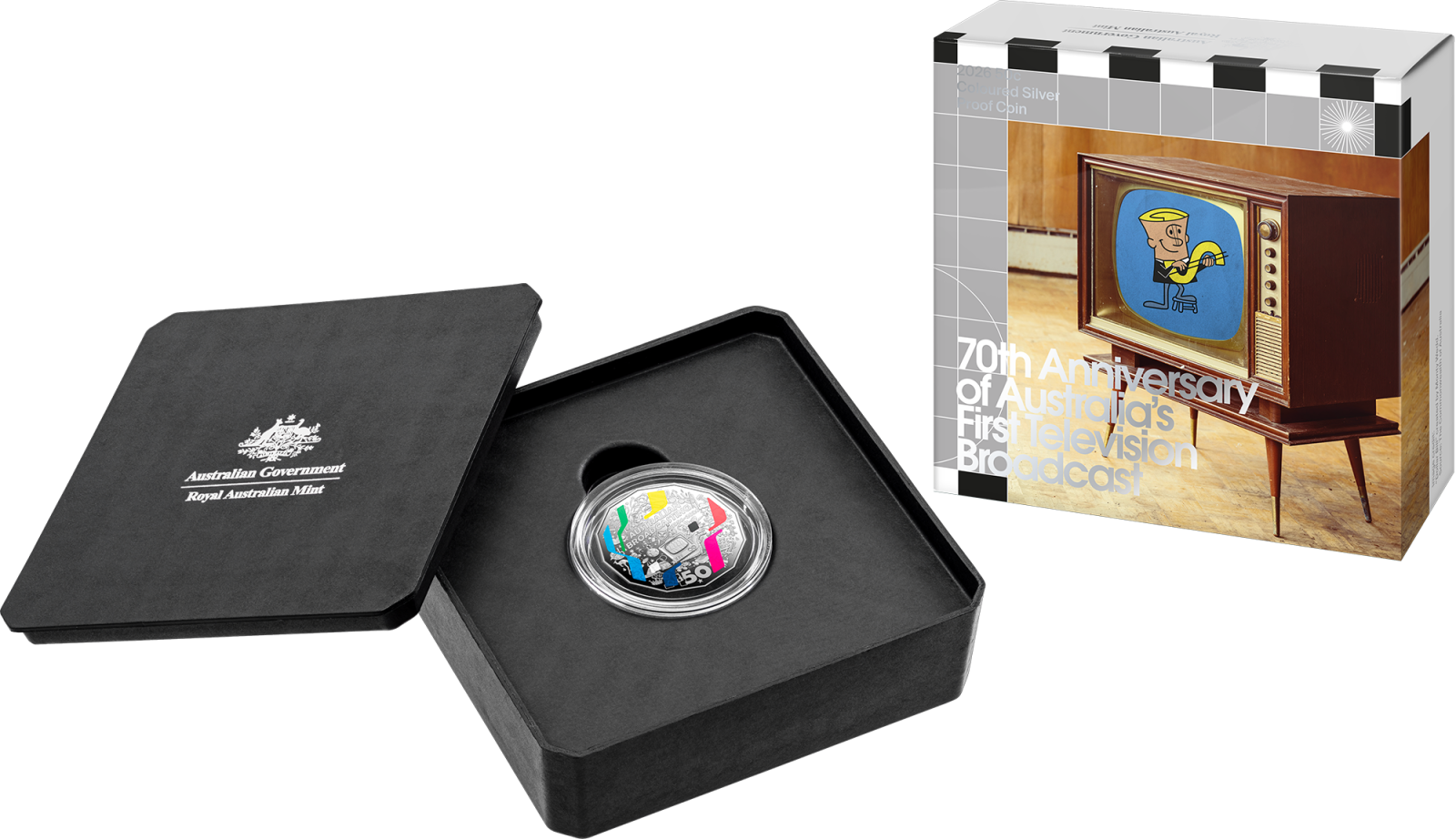 2026 50c Silver Proof in packaging, commemorating the 70th Anniversary of Australia's First TV Broadcast.