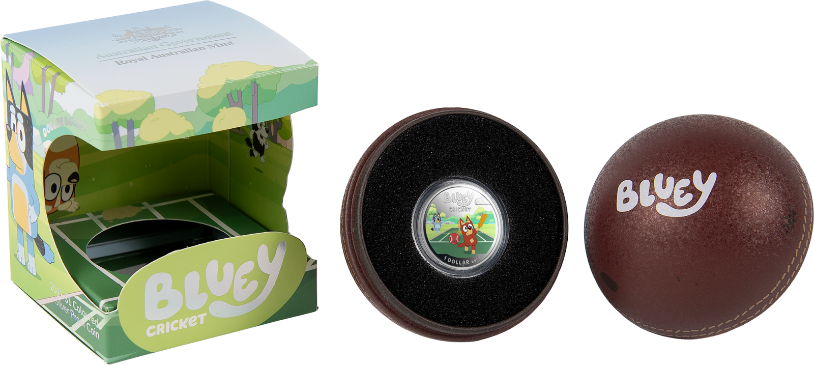$1 Coloured silver proof Bluey Cricket coin in round tin cricket ball packaging.