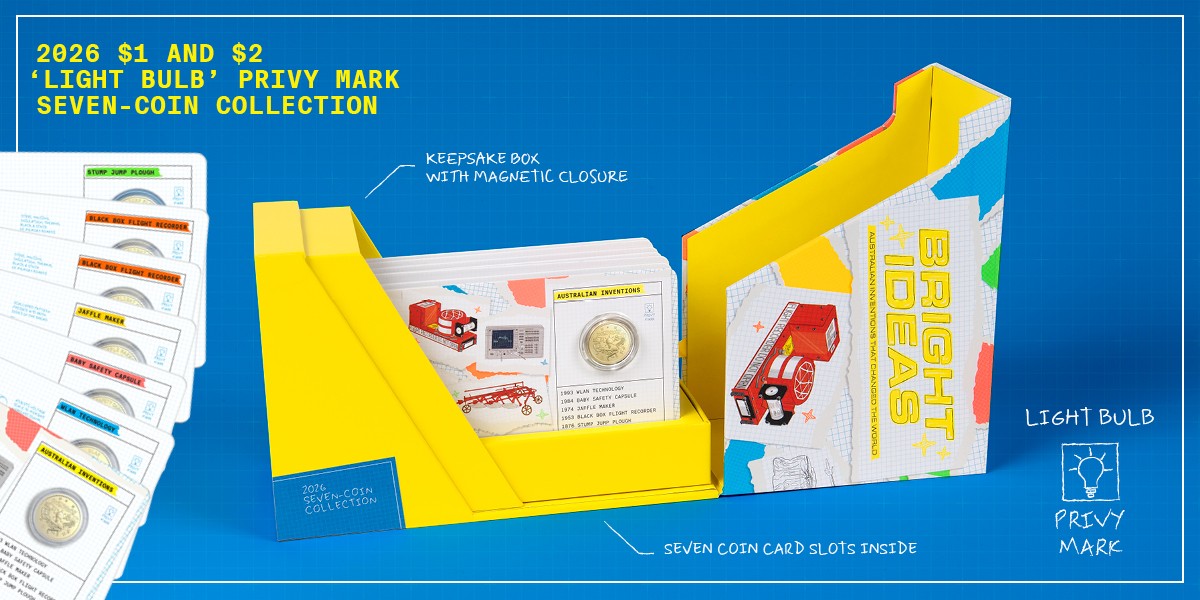 Bright Ideas seven-coin collection folder, opened to reveal coins in cards inside.