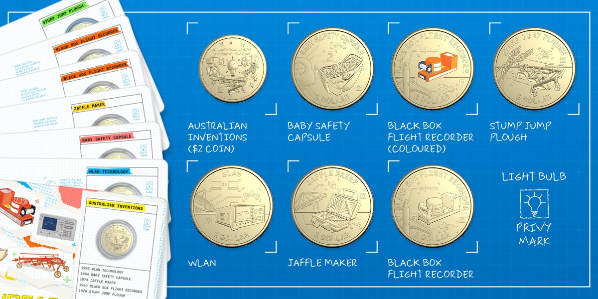 Coins in the Bright Ideas seven-coin collection, with text annotating the coin design.