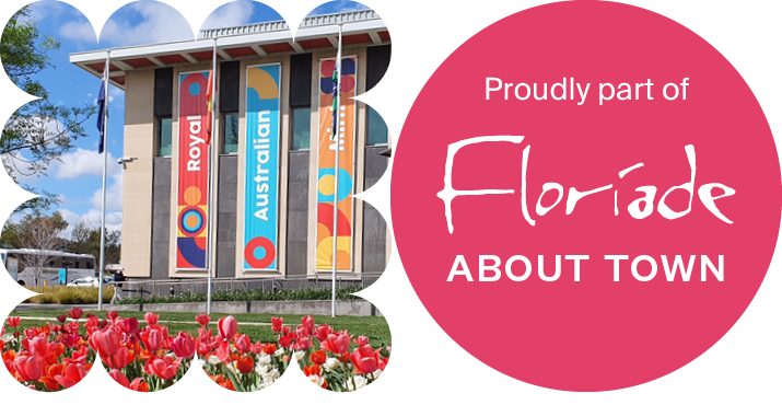 Text "proudly part of Floriade about town" with a photo of the Mint building.