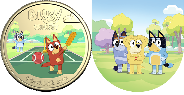 Bluey Cricket $1 uncirculated coin next to Bandit, Stripe and Lucky's Dad, preparing to bowl a cricket ball.