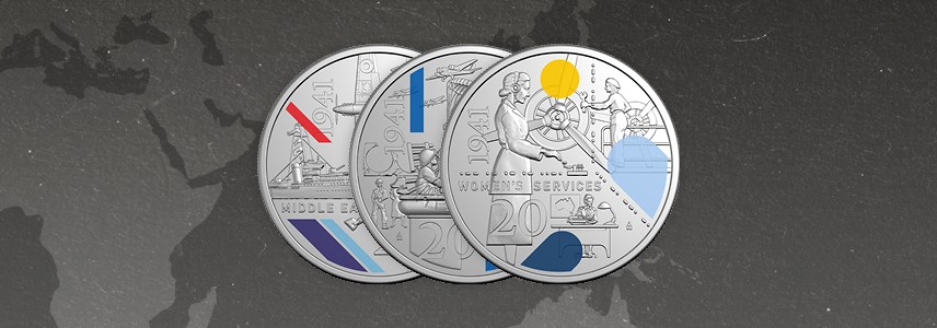 Three 1941 Service Amid Strife coins against a dark background outlining a world map.
