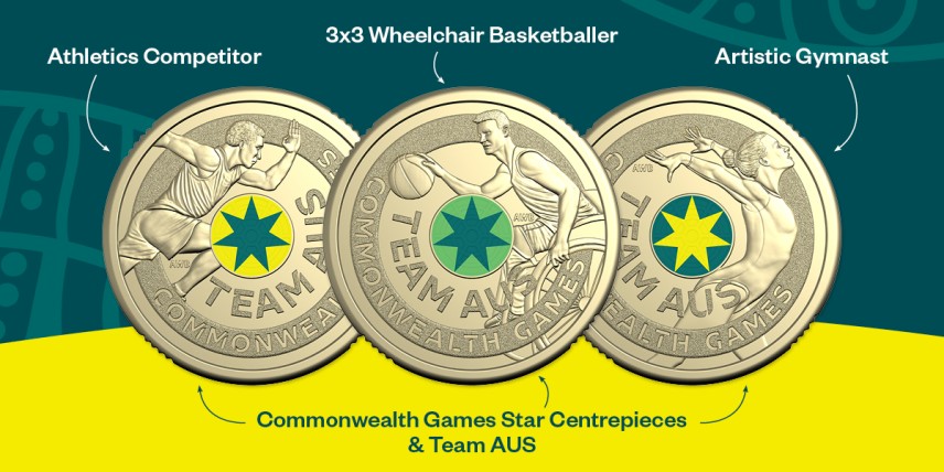 Three coins in the 2026 Australian Commonwealth Games Team set featuring an artistic gymnast, 3x3 wheelchair basketball player and an athlete.