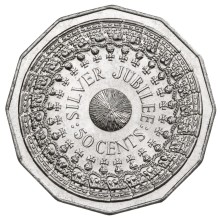 Circulating coins fifty cents commemorative design 1977 25th anniversary of the Accession of Queen Elizabeth II. Based on a central wattle blossom symbol of Australia surrounded by 25 overlapping crowns