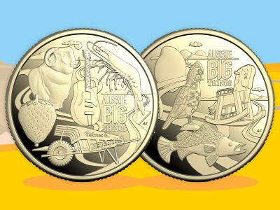 Top banner Royal Australian Mint and Australia Post’s Aussie Big Things 2 one dollar coins sample