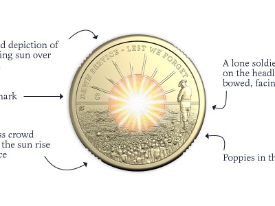 $2 Coloured Coin design features: including 'C' mintmark, dawn sunrise over the water horizon, lone soldier standing on the hill head bowed, endless crowd of people watching the sun rise in a field with poppies.
