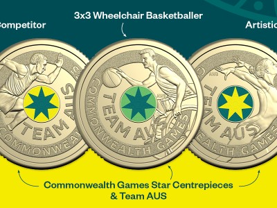Three coins in the 2026 Australian Commonwealth Games Team set featuring an artistic gymnast, 3x3 wheelchair basketball player and an athlete.