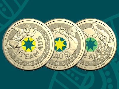 2026 Australian Commonwealth Games team three-coin set against a green background with Australian Commonwealth Games logo in the corner.