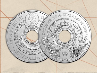 $1 Uncirculated Origins of Australian Coin coin, referred to as 'Holey Dollar'.