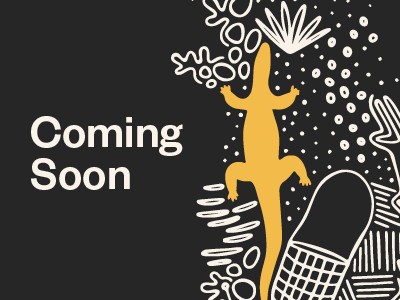 "Coming Soon" text against a black background with a crocodile illustration by Gudanji/Wakaja and Kalkadoon artist nardurna.