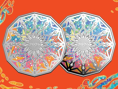 Proof and uncirculated Colours of Christmas 50c coloured coins against an orange background.