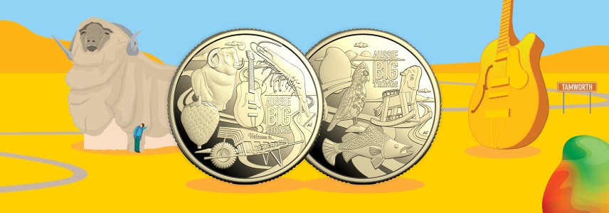Top banner Royal Australian Mint and Australia Post’s Aussie Big Things 2 one dollar coins sample