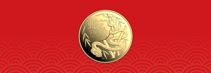 2025 Lunar year of the snake gold coin over red background