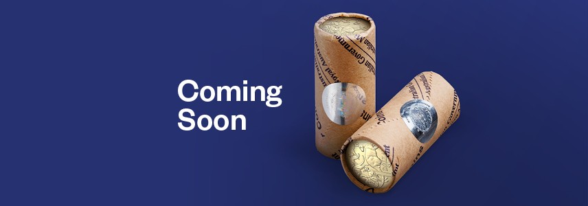 Two coin rolls against a navy background with the text 'Coming Soon'.