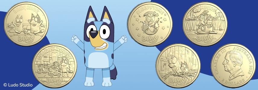 Five $2 Bluey uncirculated coins surrounding a cheering Bluey