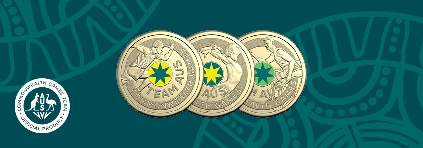 2026 Australian Commonwealth Games team three-coin set against a green background with Australian Commonwealth Games logo in the corner.