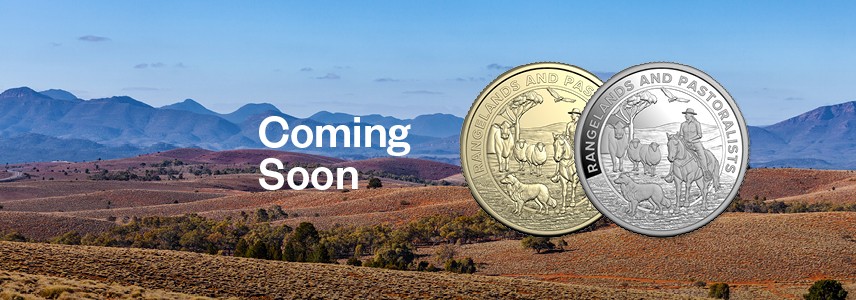 Two $1 Heart and Soul of Australia coins against an Australia landscape with text 'Coming Soon'.