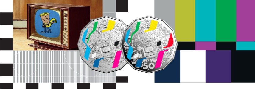 Proof and uncirculated 50c colour coins celebrating Australia's First TV Broadcast against a colourful block background.