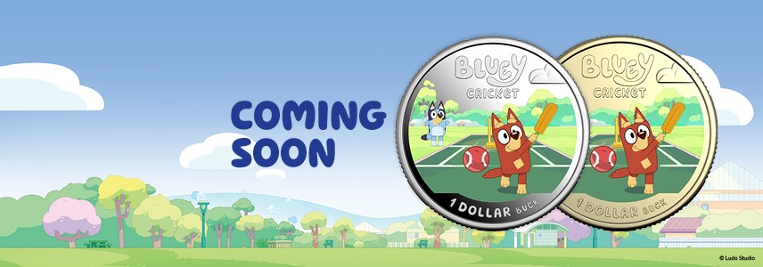Two coloured $1 Bluey Cricket coins against an illustrated landscape background with "Coming Soon" text.