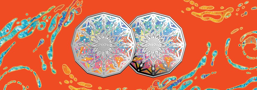 Proof and uncirculated Colours of Christmas 50c coloured coins against an orange background.